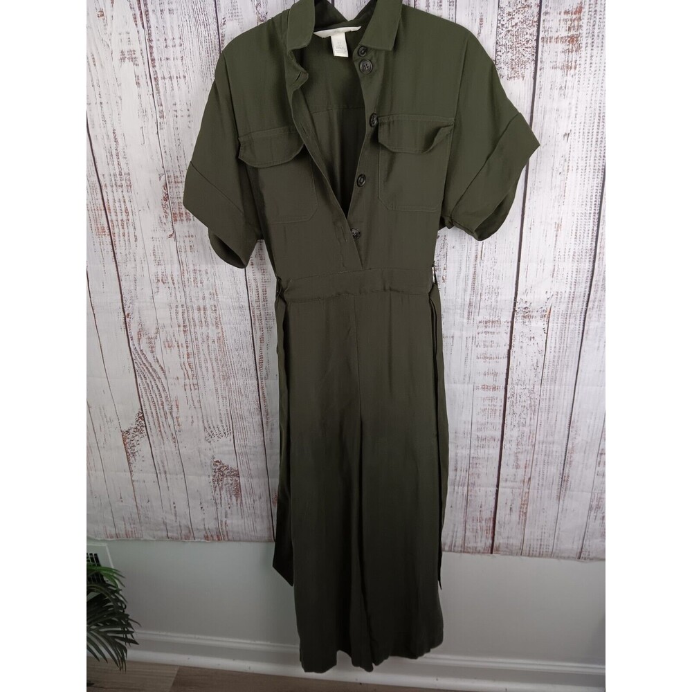 H&M Jumpsuit Green 2 button front short sleeve military army casual collar
